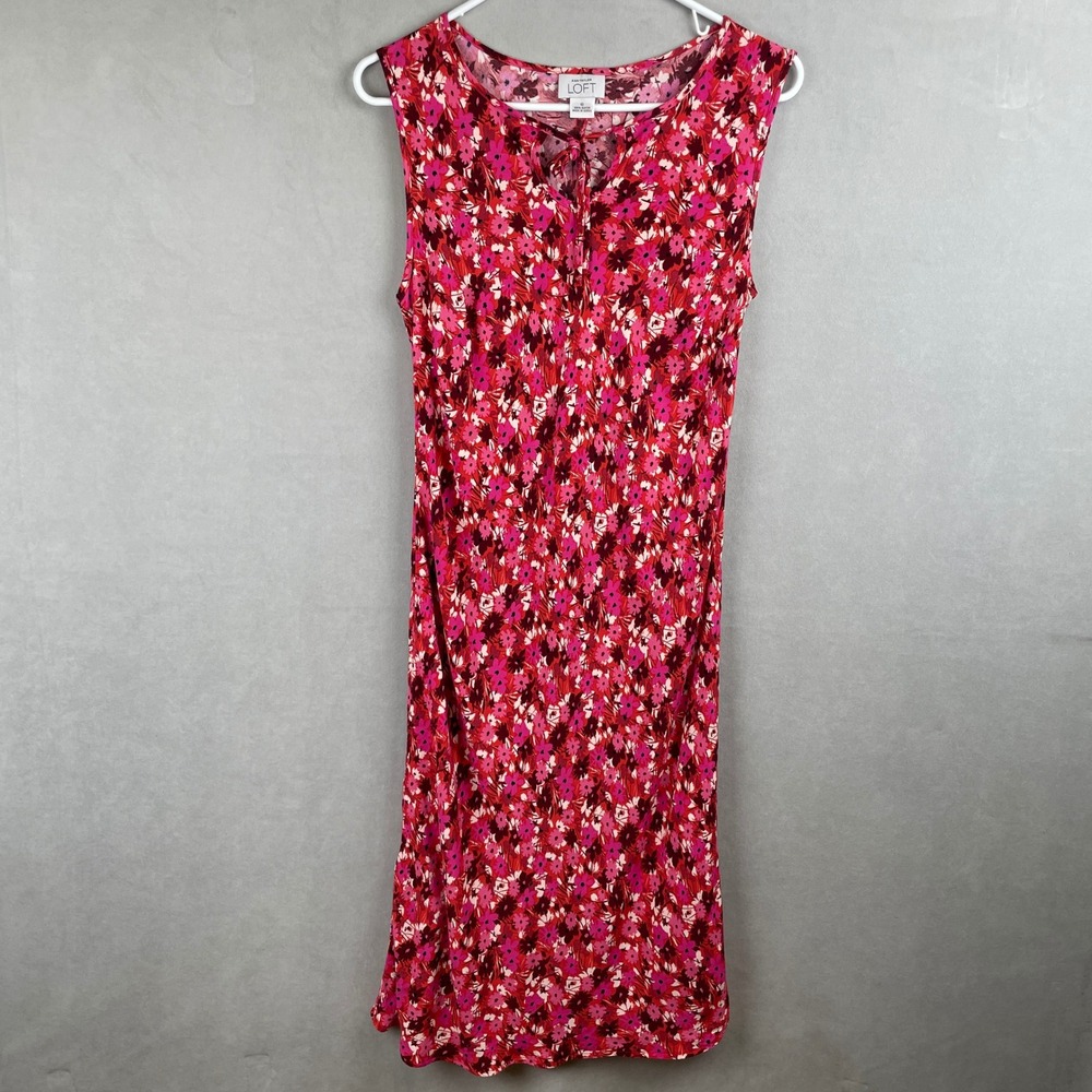 Ann Taylor LOFT Pink Red Floral Rayon Sleeveless Midi Boho Dress‎ Keyhole Tie 6